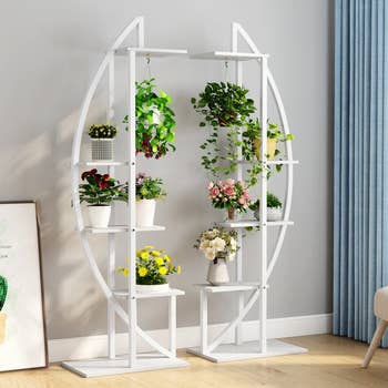lifestyle photo of two white arch-shaped plant racks 