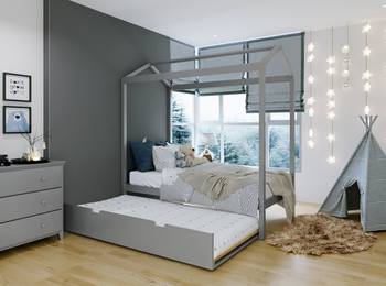 gray trundle canopy bed, with trundle rolled out