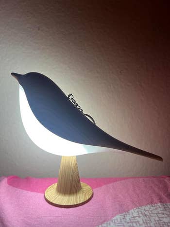 Bird-shaped lamp with a woody  base, emitting airy  from the bird's body