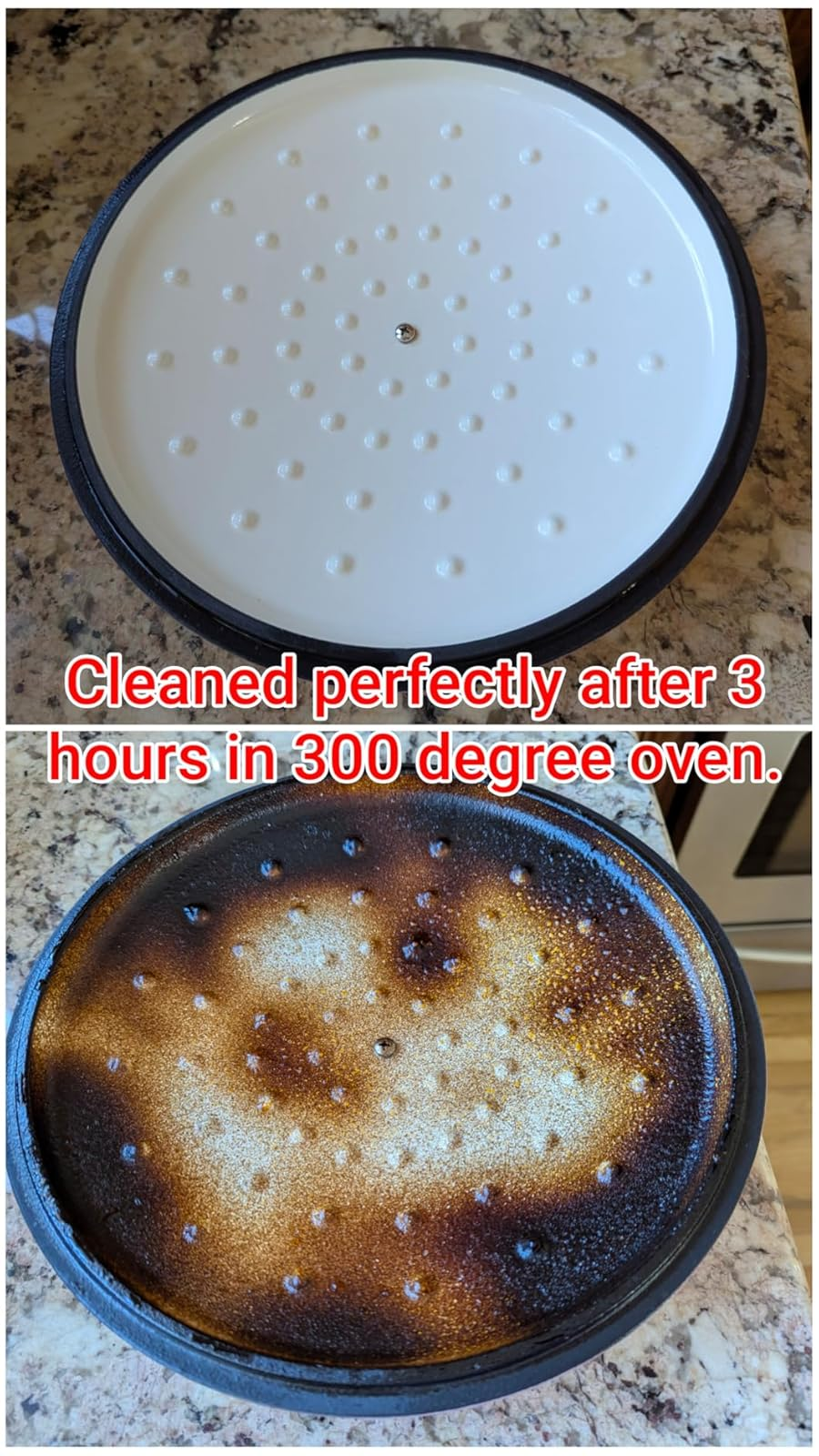 before/after showing however  good   the cookware  lid cleaned up   aft  baking successful  oven