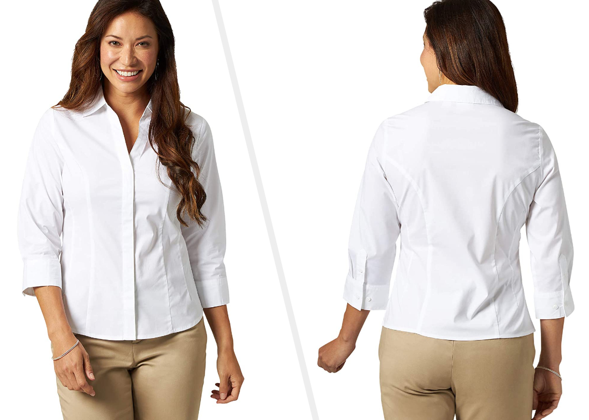 Two images of a model wearing the white button-up shirt