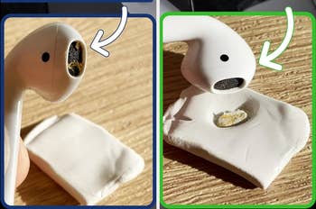 the before and after of dirty AirPods now clean after putty