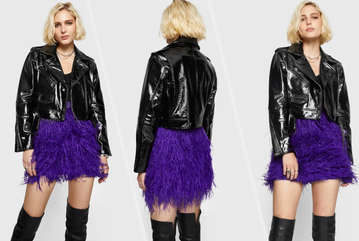 Three images of a model wearing the black jacket