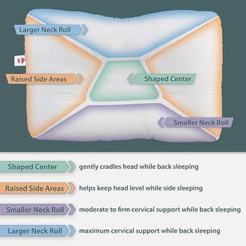 Ergonomic pillow diagram highlighting different support areas for various sleeping positions