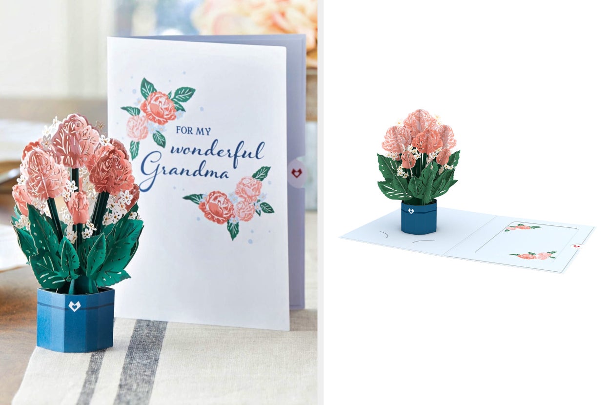 collage of pop-up bouquet next to card that says 