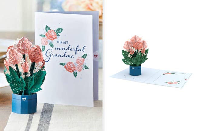 collage of pop-up bouquet next to card that says 