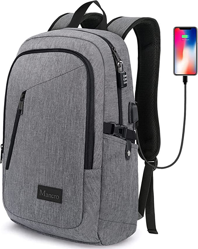 a gray backpack charging a phone