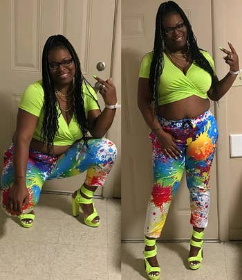 Two images of reviewer wearing colorful pants and green top