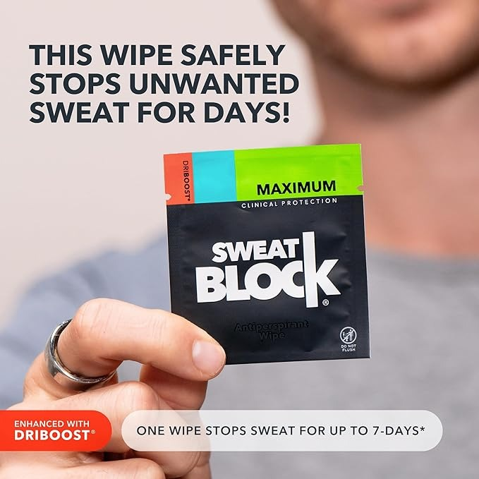 hand holding a bundle  of Sweat Block wipes 
