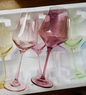 reviewer photo of the wineglasses in styrofoam packing