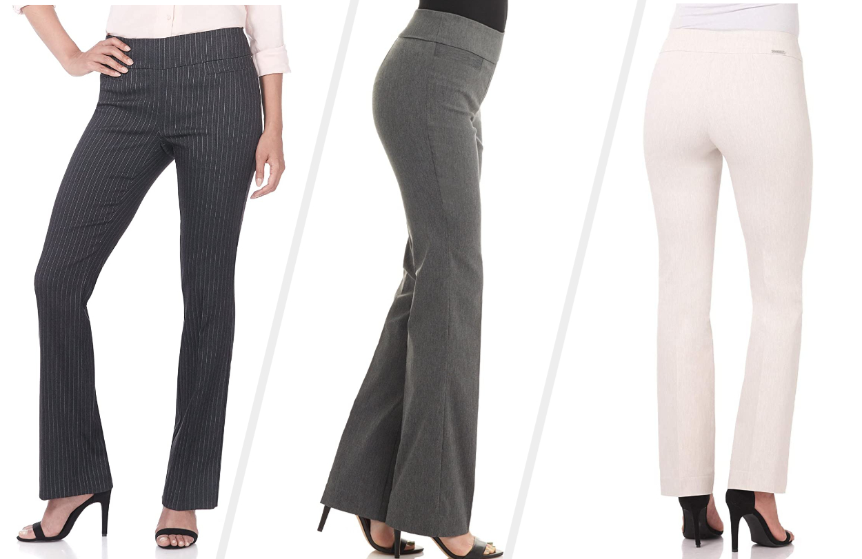 Three images of models wearing black, gray, and white pants