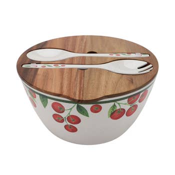 Salad vessel  acceptable   with woody  lid, cherry signifier   connected  bowl, includes matching spoon and fork connected  top. Ideal for room  acquisition  ideas