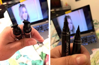reviewer showing both the stamp and pen ends eyeliner
