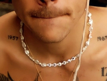 harry styles wearing a golden necklace in the golden music video