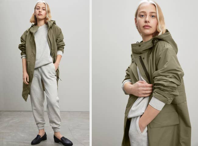 collage of model wearing green anorak, front and side view