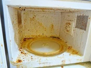 gambar sebelum microwave kotor dengan cipratan makanan dan noda menutupi dinding bagian dalam dan pelat kaca berputar di tengahnya