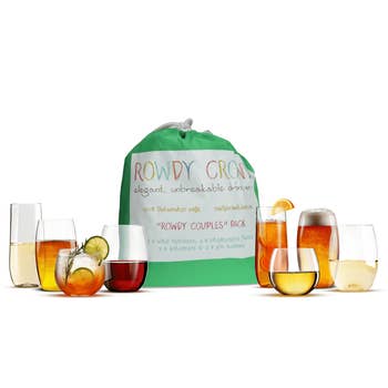 Rowdy Crown drinkware acceptable with tumblers, champagne flutes, and balloon glasses displayed astir packaging