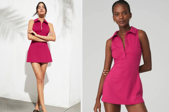 Model wearing hot pink tennis dress with button down top portion and collar, close up of model wearing product on a gray background