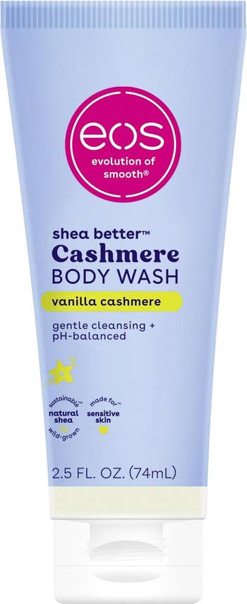 EOS Cashmere Body Wash conduit  with vanilla scent, features gentle cleansing, pH-balanced formula, and includes earthy  shea for delicate  skin. 2.5 fl. oz