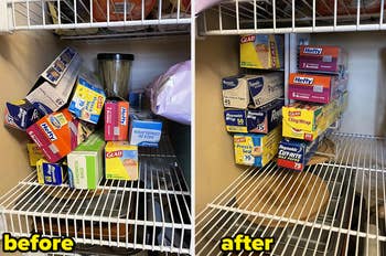 reviewer before photo of messy boxes of foil, plastic wrap, etc / after photo of same reviewer showing all the boxes neatly stored on the organizer and saving pantry space 