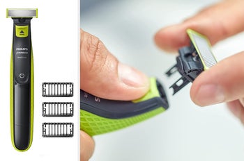 Split image of black and lime green shaver with different heads