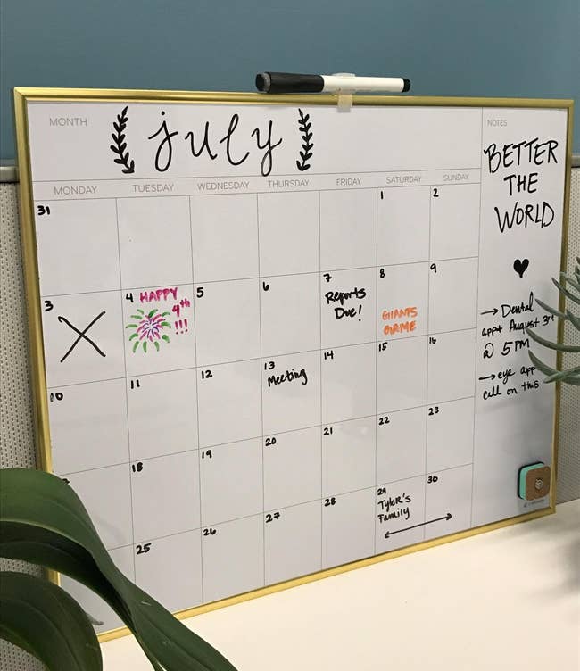 Whiteboard calendar with a gold-tone border handwritten events