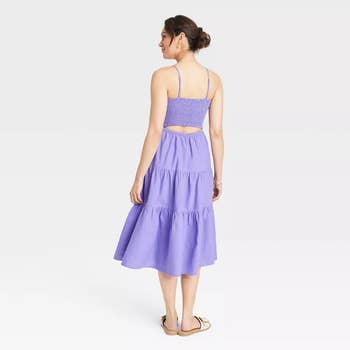 Model wearing the lavender dress