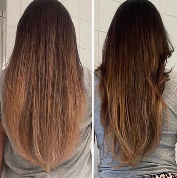 Reviewer showcasing before and after results of hair product, with improved shine and smoothness