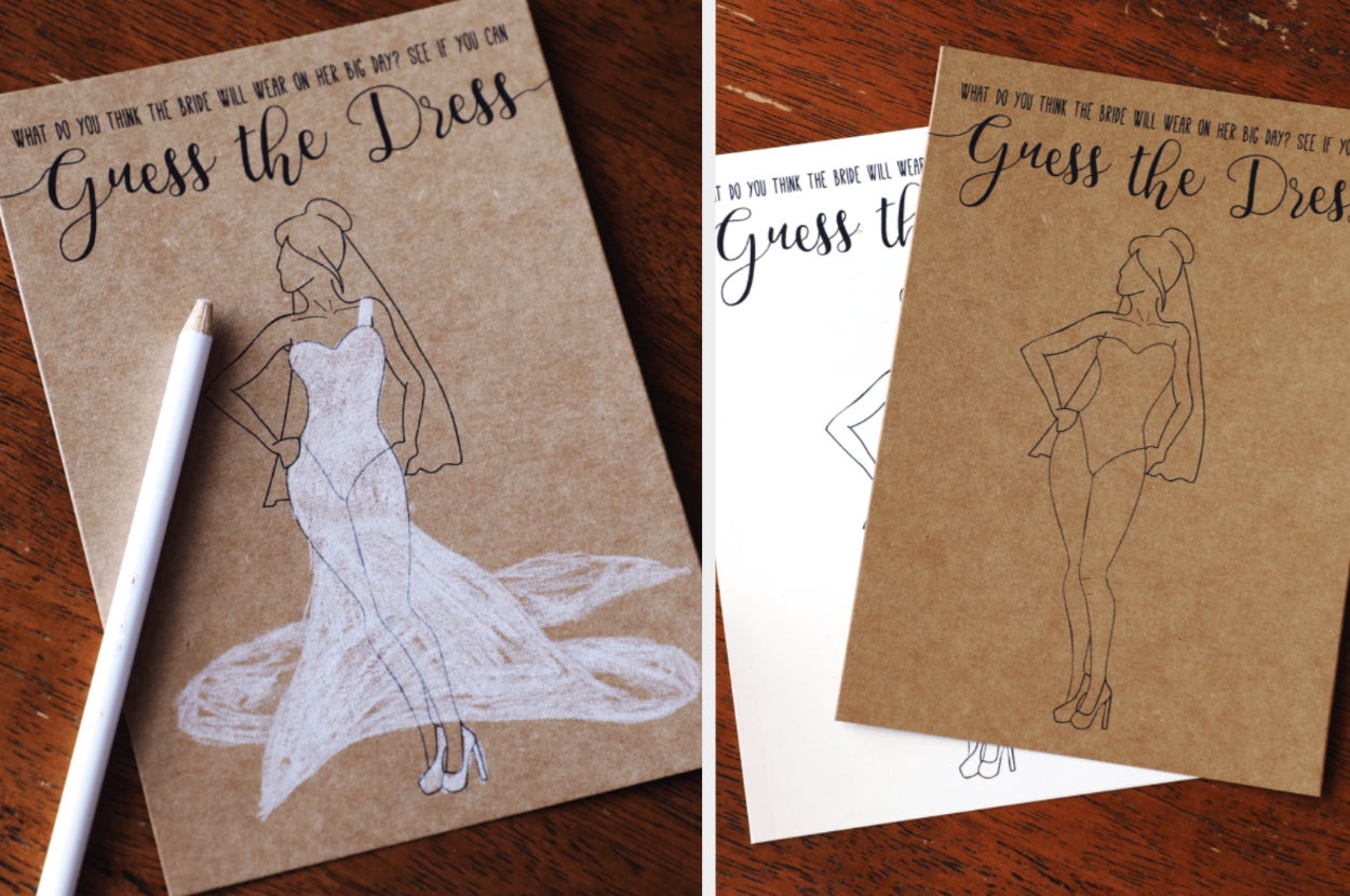 Brown cardstock with drawing of white wedding dress on model and a white colored pencil on top, product in brown and white cardstock