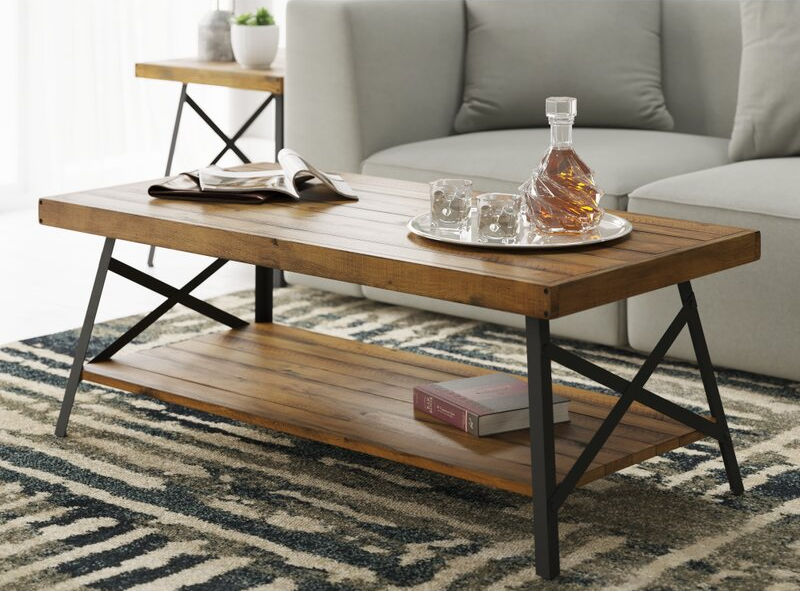 lifestyle photo of rectangular wooden coffee table with storage shelf