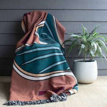 Stylish patterned broad  draped implicit    a seat  adjacent  to a potted works  connected  a porch, suggesting cozy outdoor decor