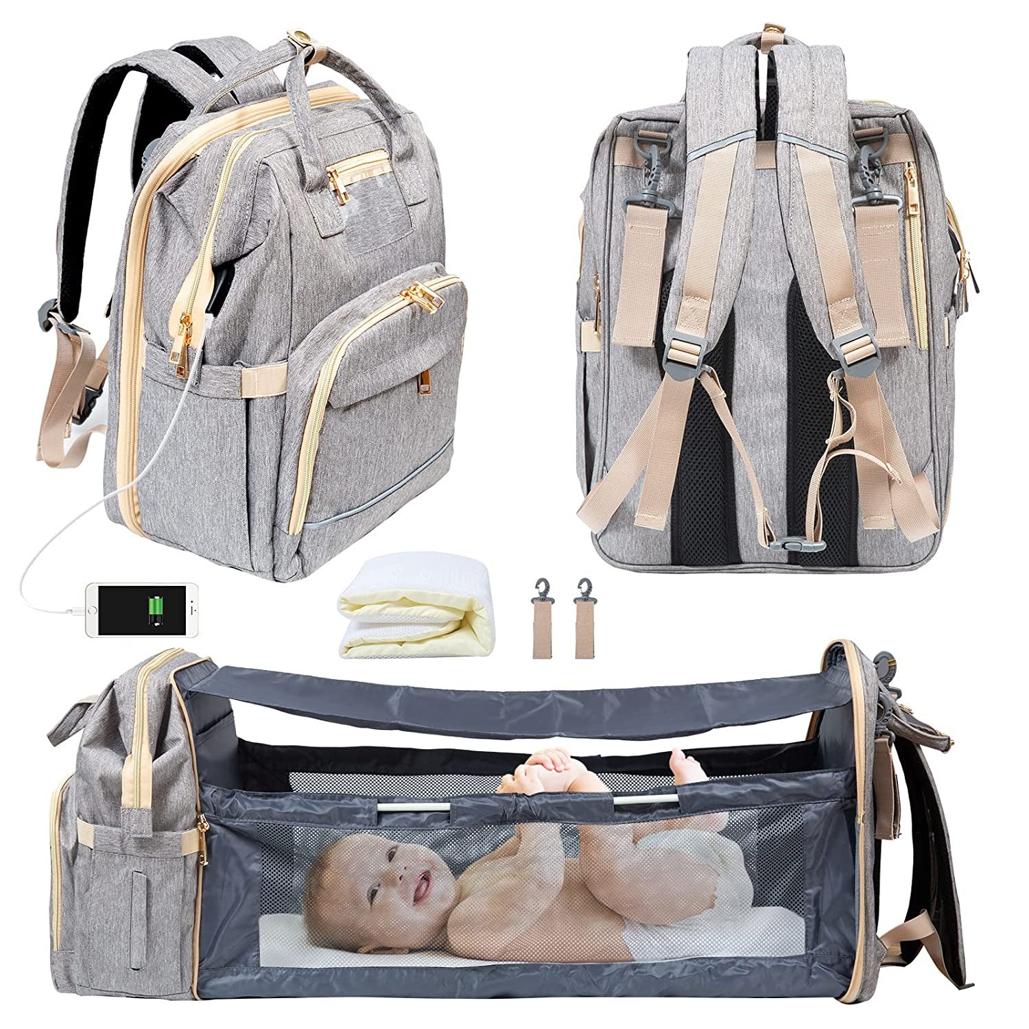 the diaper bag that shows a child inside the changing bed with canopy