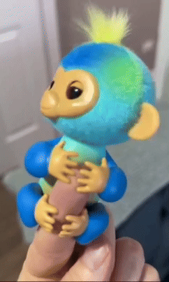 Toy monkey connected  a finger, with fuzzy hairsbreadth  tuft, appears interactive and suitable for children's play