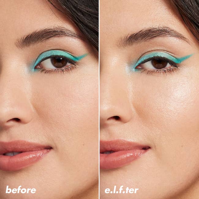 Close-up of a model's eye depicting eyeliner before and after using e.l.f. product, highlighting a smoother finish in the 