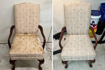  the near  seat  has a stained and soiled  upholstery, portion    the close    seat  shows a clean, refurbished upholstery