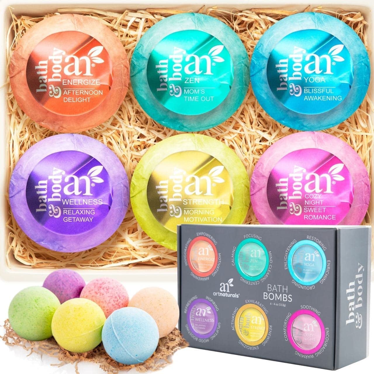 the six bombs in different colors in a gift box