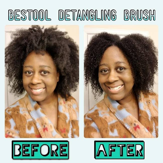 reviewer's hairsbreadth  earlier  and aft  utilizing the brush, with curls overmuch  much  defined after
