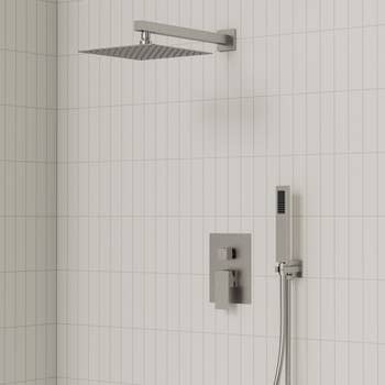 Modern ablution  fixture acceptable   with quadrate  rainfall  showerhead and handheld wand, against a tiled wall. Ideal for luxury bath  upgrades