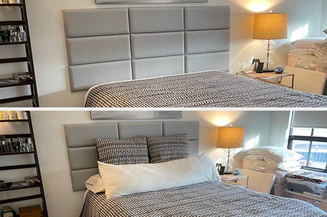 Reviewer image of peel and stick gray tufted headboard against made up bed