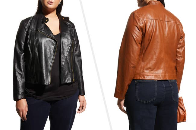 Two images of a model wearing brown and black jackets