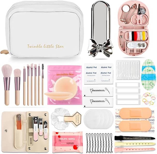 Travel grooming kit with constitution brushes, manicure set, sewing kit, mirror, wipes, bandages, scrunchie, and a container labeled