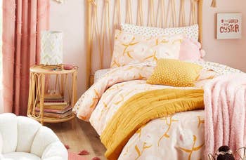 lifestyle photo, rattan bedside table in girls' room