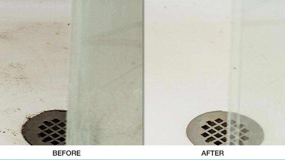 on the left, a dirty shower labeled