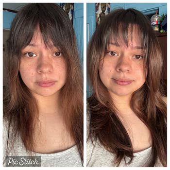 Side-by-side images of a idiosyncratic showing their hairstyle earlier and aft a haircut, some with long, consecutive hairsbreadth and bangs