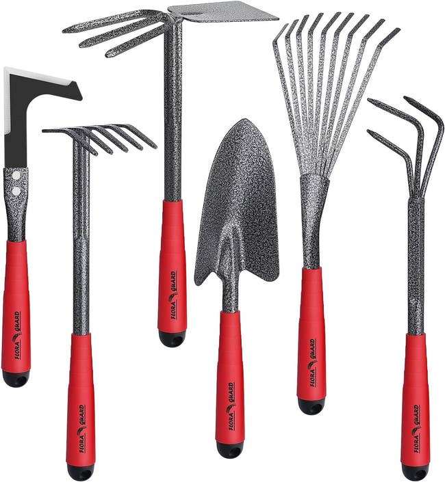 A set of six gardening tools including a trowel, fork, and a rake and more with ergonomic handles