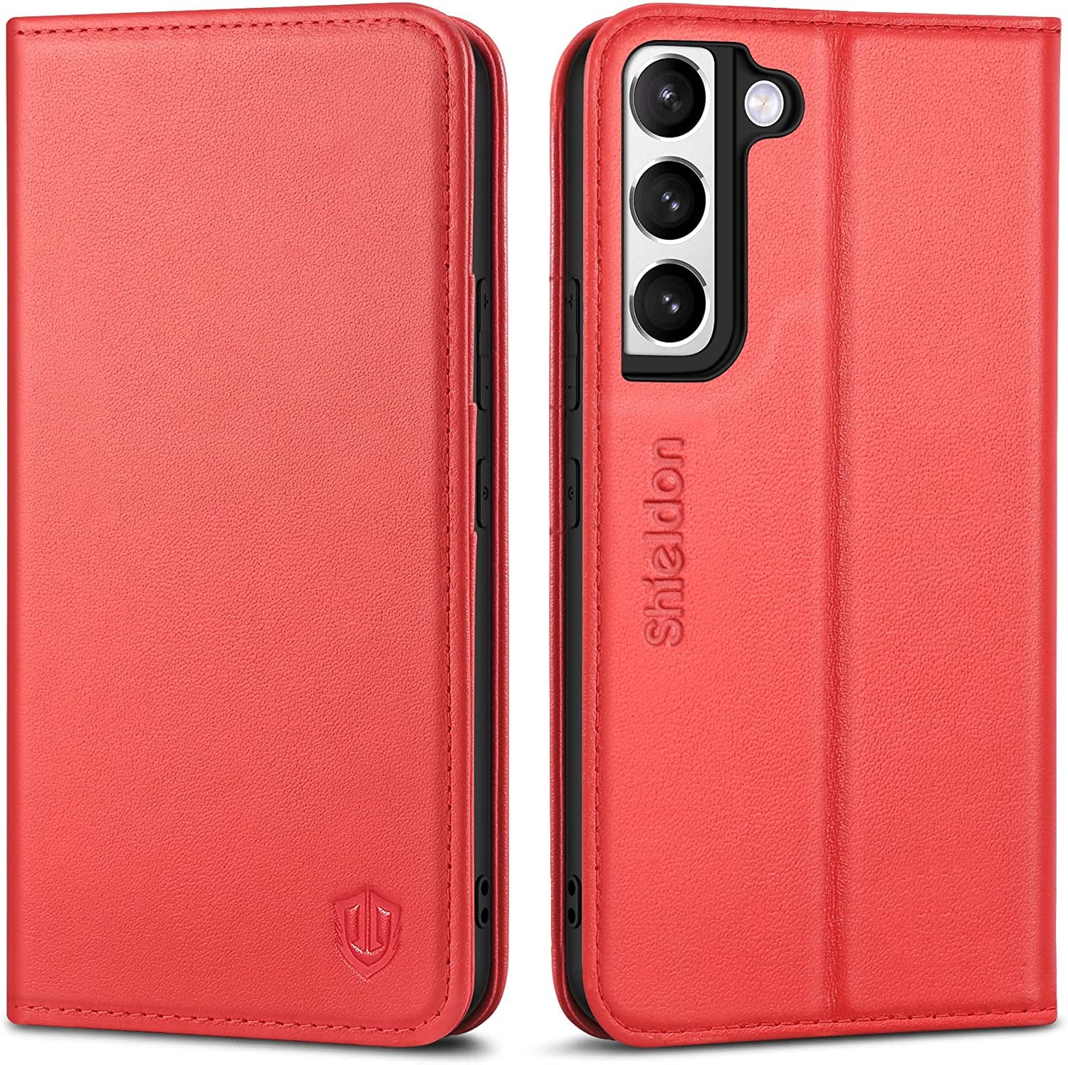 Front and back view of coral leather phone case with stitching around edges and shield engraved on bottom corner on a white background