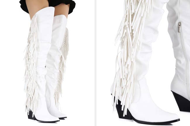 Model wearing over the knee white cowboy boots with fringe along the side