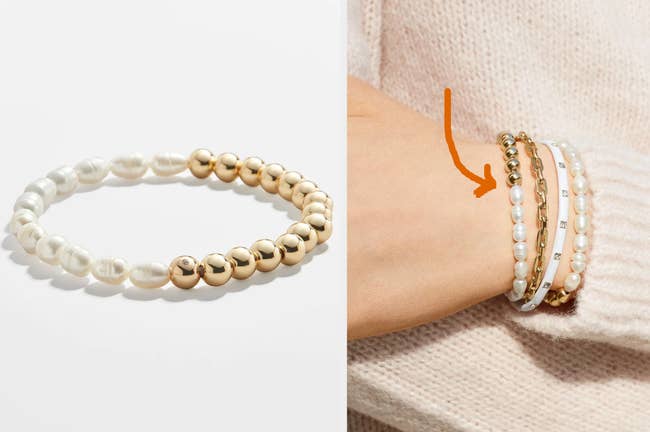 Pearl and gold beaded bracelet on a white background, model wearing product with gold chain bracelet and pearl bracelet with a white sweater