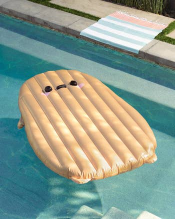 flat pool float shaped like a potato with frowny face and tiny arms and legs