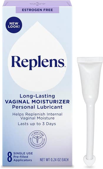 Replens vaginal moisturizer packaging with a pre-filled applicator shown. Highlights long-lasting moisture, estrogen-free, and doctor-recommended